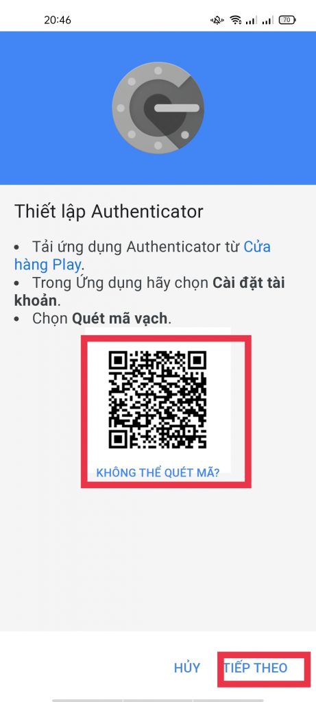 mã QR để quét mã tại ứng dụng Google Authenticator